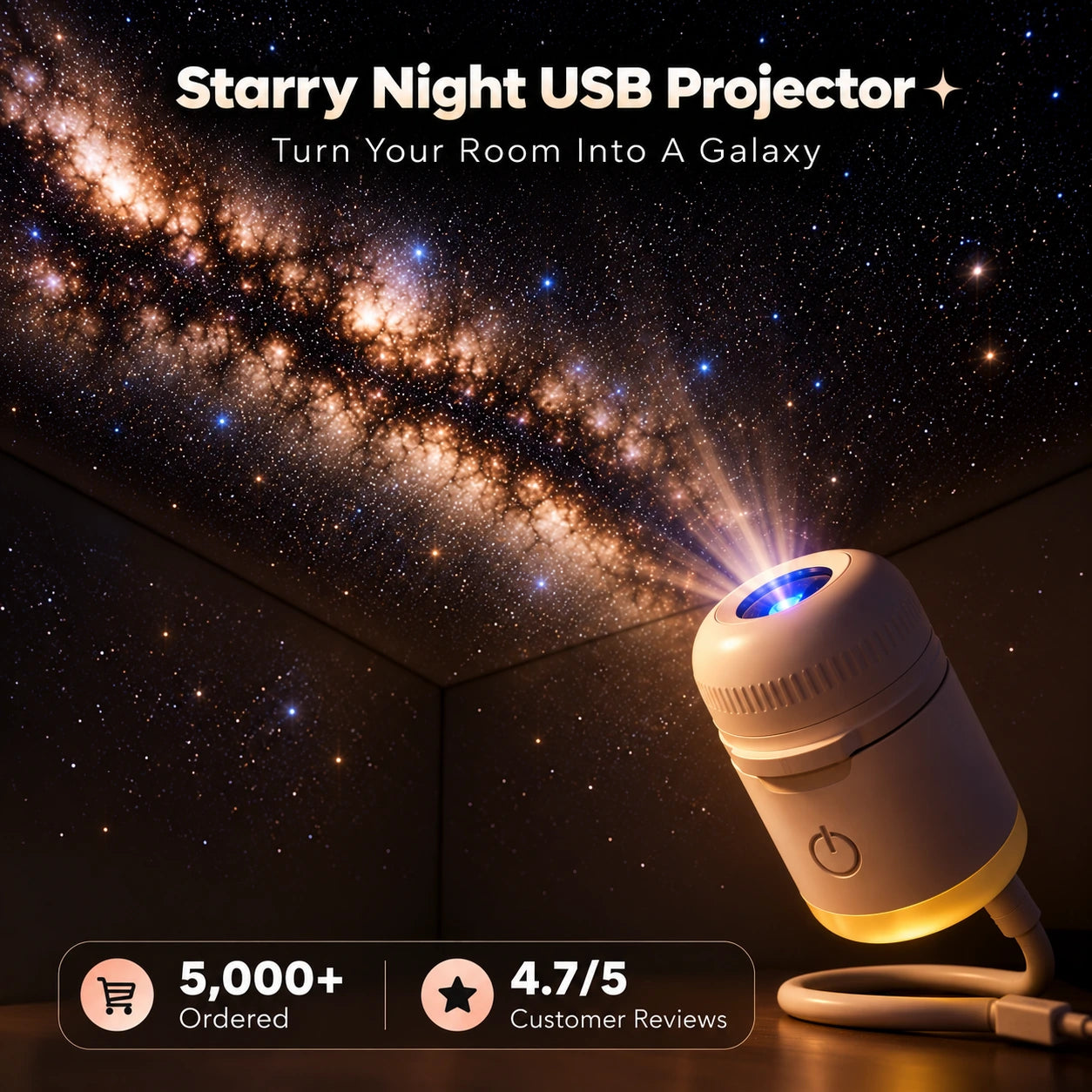 A white USB starry night projector lamp shown in a dark room, projecting a bright galaxy scene onto the ceiling. Text at the top reads 'Starry Night USB Projector' and the bottom includes order and review badges.
